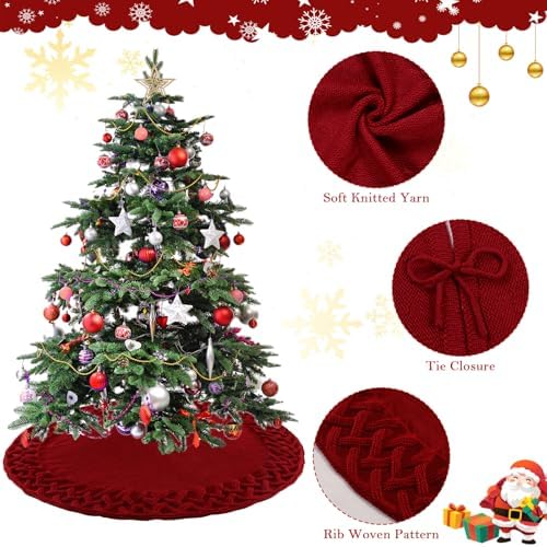 TOCHGREEN Red Knitted Christmas Tree Skirt 36 inches Chunky Cable Knit Thick Rustic Christmas Tree Mat Farmhouse Decor Xmas Tree Base Cover for Home Holiday New Year Party Decor (Red, 36inch)