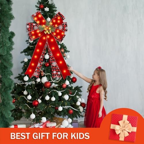 2 Pcs LED Large Red Christmas Bows Decorations, 20” X 12” Red Bow Linen Wreath with Bow Bells, Berry, Pine Cones for Christmas Tree Topper Outdoor Indoor Home Front Door Decor, 40 Warm Lights