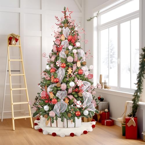 WBHome Christmas Tree Skirt, 48 inch Cable Knit Knitted Thick Rustic Holiday Decoration, Candy Cane