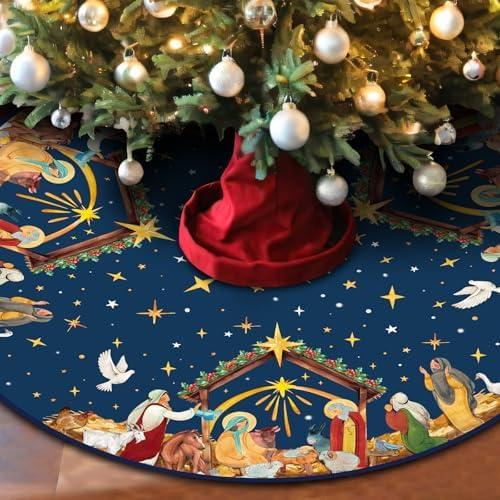 Christian Christmas Tree Skirt Religious Jesus Nativity Scene Xmas Tree Mat Navy Blue Christmas Holiday Jesus Indoor Outdoor Party Decor (60 Inch)