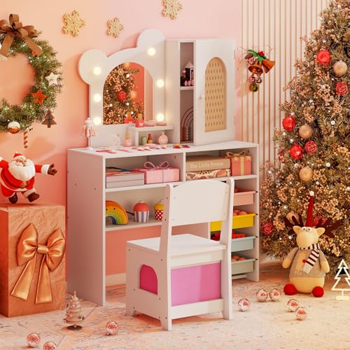 Costzon Kids Vanity with Lights, Girls Vanity Set with Mirror, Storage Drawers, Cabinet & Shelves, Toddler Makeup Vanity Desk Dressing Table, Wooden Kids Vanity Table and Chair Set (White) - style: White with Storage Bins