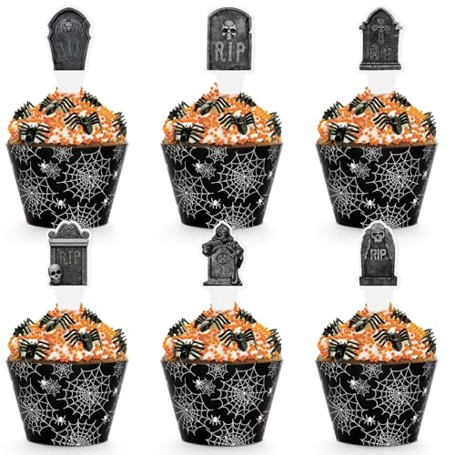48 Pack Halloween Cupcake Toppers and Black Spider Web Wrappers, Tombstones Skeleton Cupcake Picks Decoration for Halloween Party Birthday Party Supplies - style: Halloween