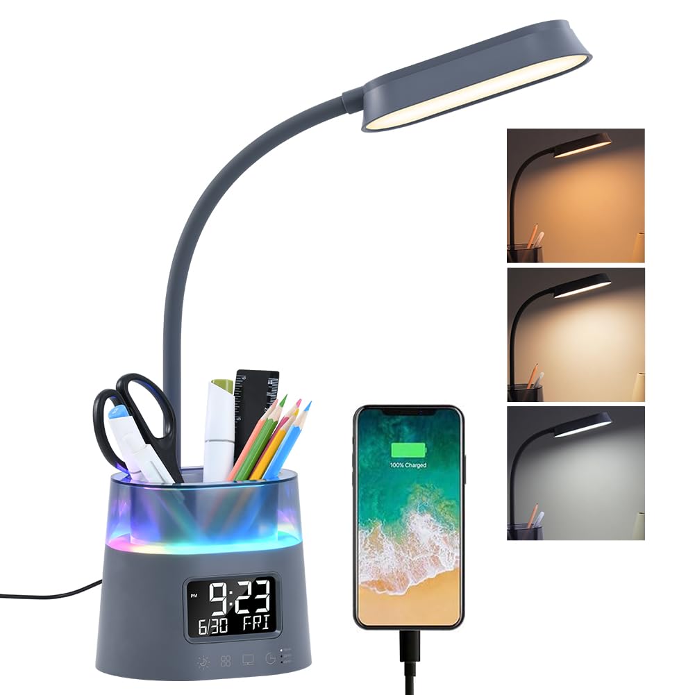 WILIT LED Desk Lamp for College Dorm Room Essentials, Students Study Lamp with USB Charging Port, Pen Holder, Clock & RGB Night Light, Office Desk Accessories, Table Lamp for Bedroom - Gray