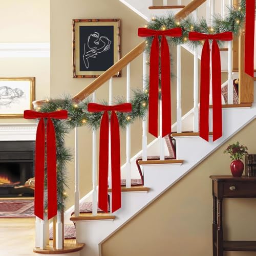 Velvet Bows for Christmas Tree Pack of 4 Large Rustic Crafts Gift Wreath Bow Ornaments for Xmas Topper Staircase Home Wedding Outdoor Interior Decor, 2" Width, 23 x 8.7 Inch (4, Red)