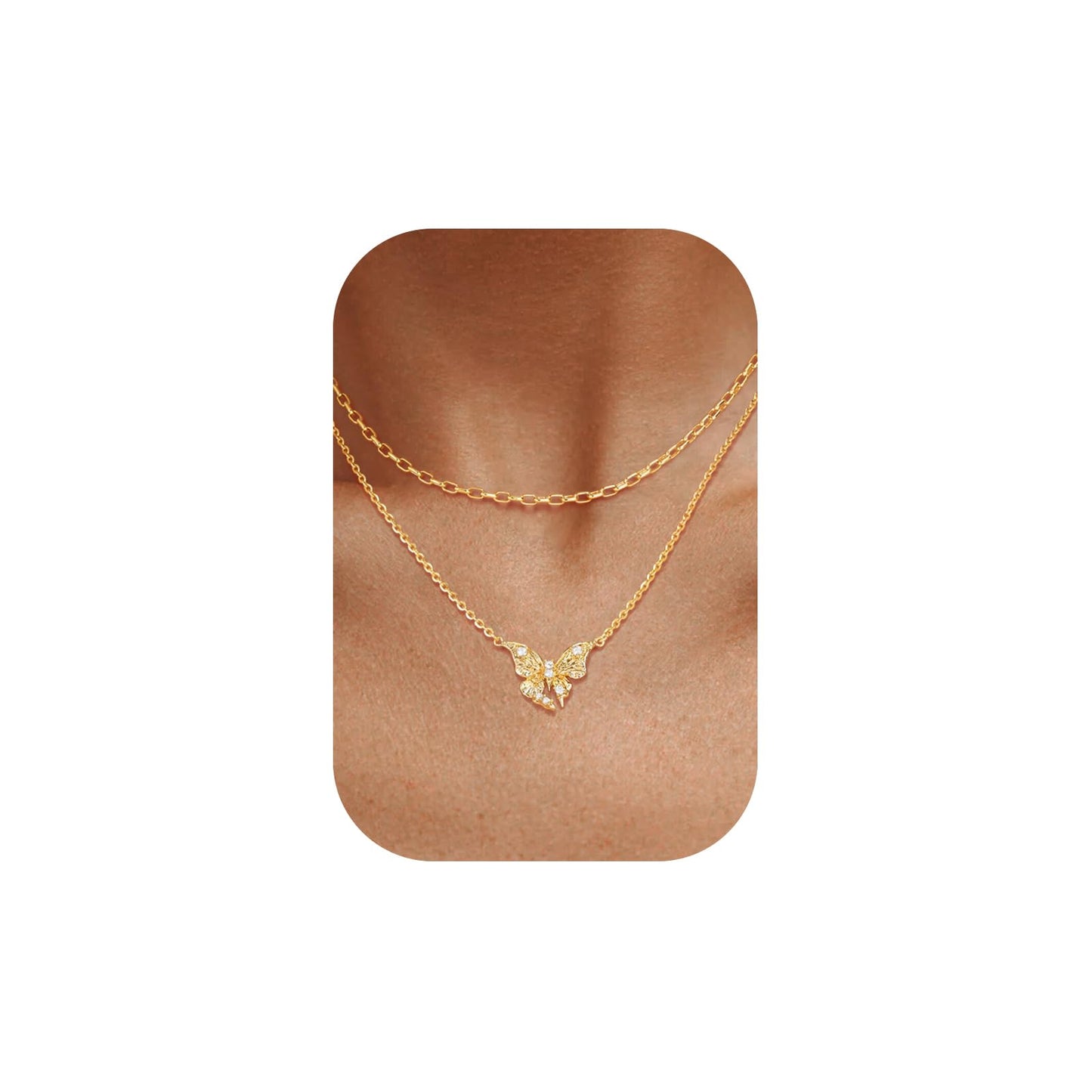 MEVECCO Gold Butterfly Layered Necklace for Women 18K Gold Plated Dainty CZ Charm Choker Cable Chain Double Layer Pendant Necklace Stack Minimalist Handmade Layering Jewelry Set Gift