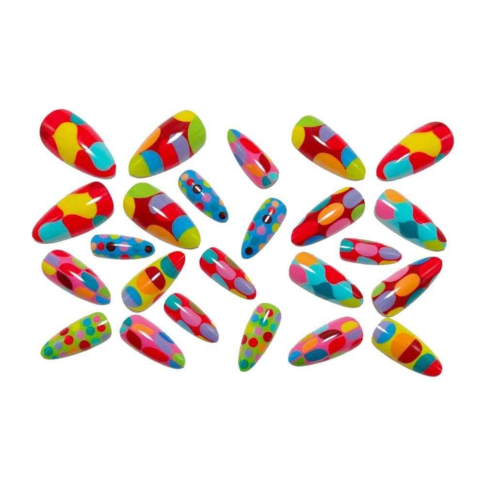 plalely Almond Press on Nails Medium Gradient Fake Nail Big Colorful Polka Dot Acrylic Nail Press ons Stick on Nail for Women 24pcs