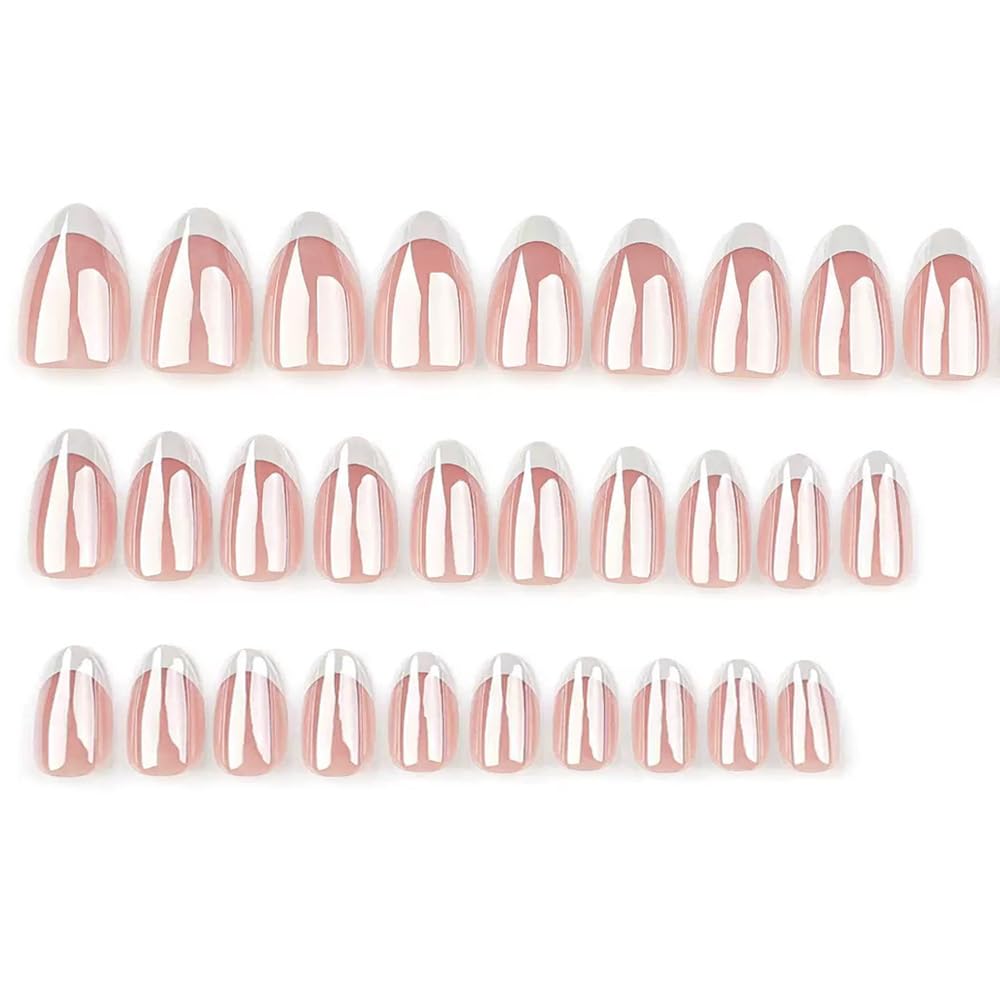 FJSMTOPl French Tip Press on Nails - Almond Fake Nails - with Designs Chrome False Nails Press ons - Medium Acrylic Glue on Nails Cute Artificial Stick on Nail for Women Manicure 24pcs
