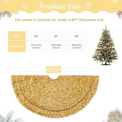 36 Inches Gold Tree Skirt Small Christmas Tree Skirts Glitter Sequins Velvet Tree Skirt for 4ft Xmas Trees Decorations