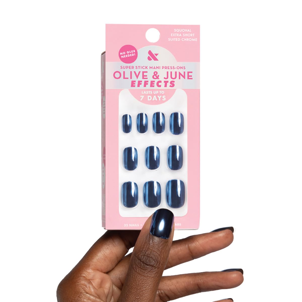 Olive & June Effects Super Stick Mani Press On Nails | No Glue Needed | 32 Tab Nails, 16 Sizes | Non-Toxic Easy On-Off Non-Damaging Real Look | 7-Day Wear | Extra Short, Squoval | Suited Chrome