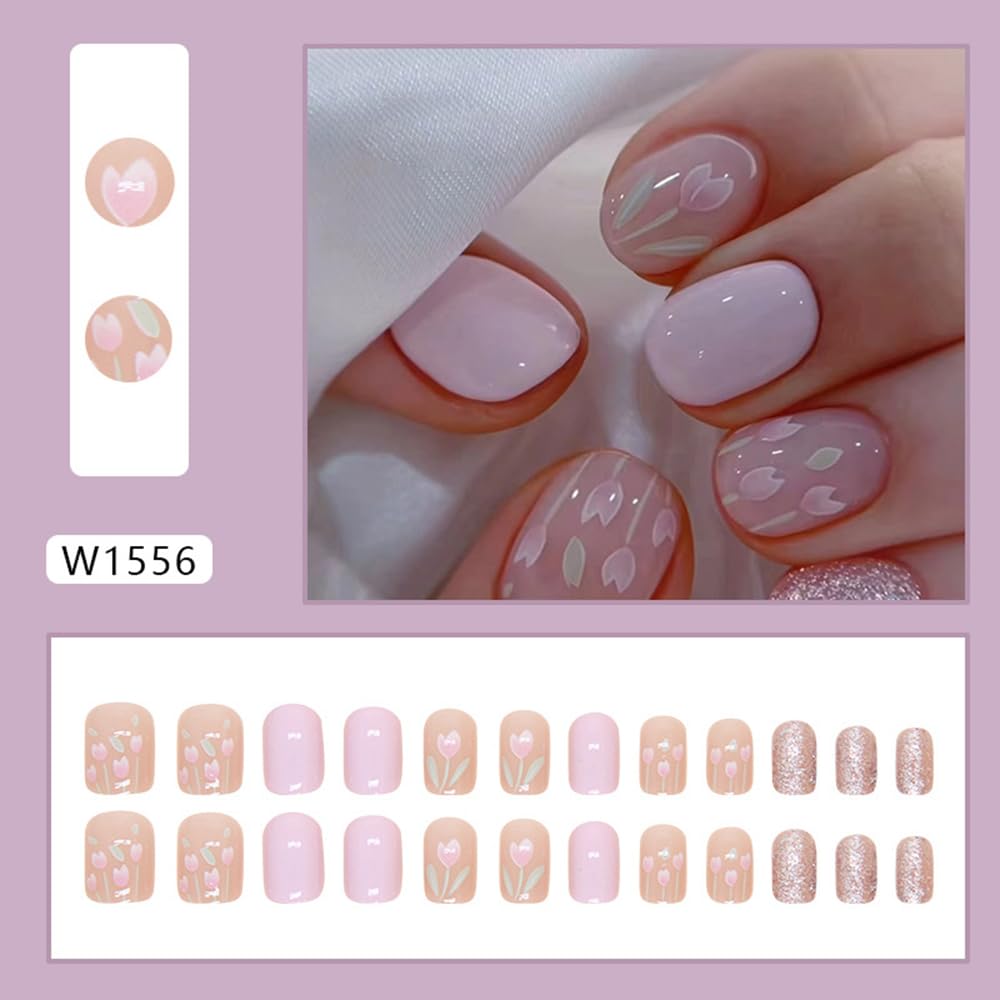 24Pcs Purple Flower Press on Nails Short Tulip Floral Square Fake Nails with Glitter Summer Exquisite Designs Pink Full Cover Glue on Nails Acrylic False Nails for Women Manicure Tips Decorations