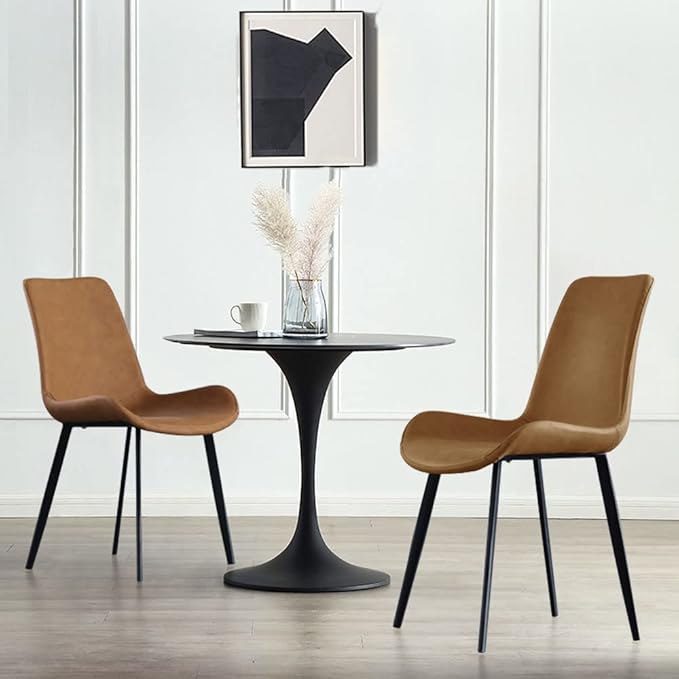 Dining Chairs Set of 2, Modern Kitchen & Dining Room Chairs, Upholstered Faux Leather Cushion Seat and Sturdy Metal Legs (2 Brown Chairs)