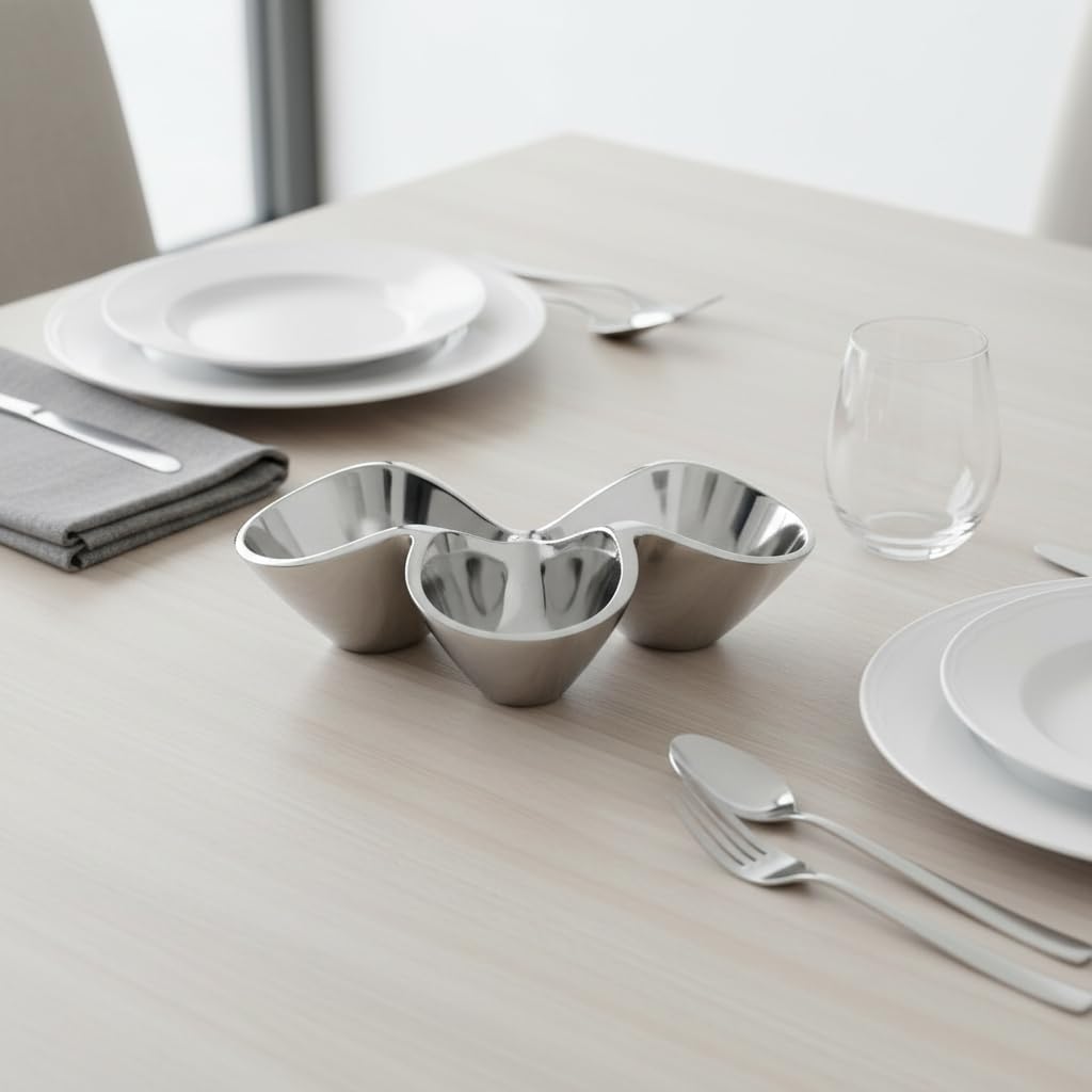 nambe Bella Triple Condiment Server | 3 Part Divided Serving Tray for Condiments, Dips, Appetizers, and Snacks | Made of Metal Alloy | Designed by Steve Cozzolino