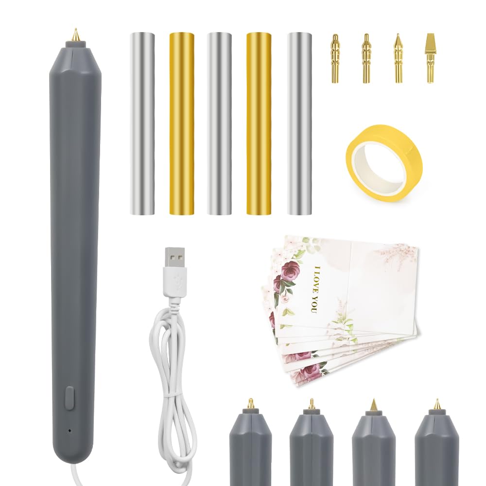 30PCS Hot Foil Embossing Stamping Pen Set Includes 1 USB Foil Quill Pen with 4 Size Metal Tips,5 Hot foil Rolls,20 Cards,1Adhesive tape for DIY Craft Embossing Scrapbooking Craft Stamping Project