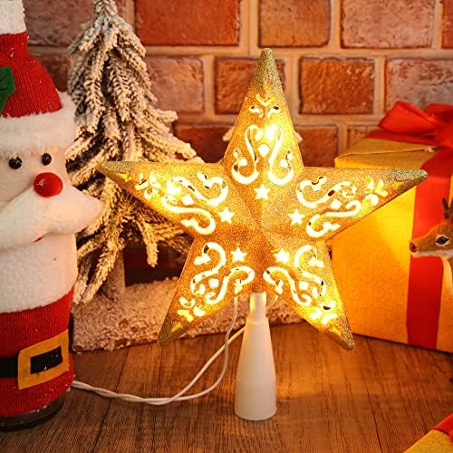 Brizled Gold Star Christmas Tree Topper Lights, 8" Lighted 3D Xmas Tree Top