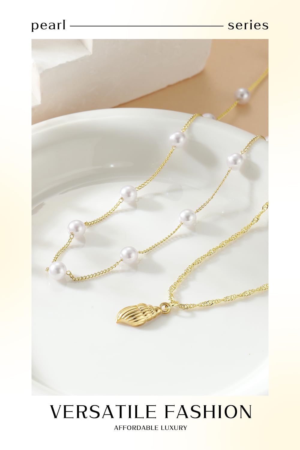 Beach Layered Starfish Necklace for Women, 14K Gold Plated Shell Conch Seashell & Pearl Charm Pendant, Dainty Coastal Summer Vacation Jewelry