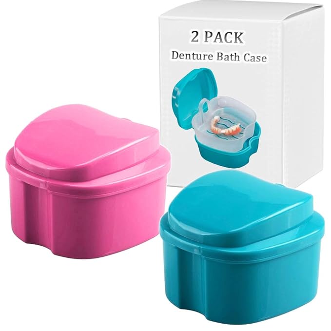 Denture Bath Box Cup, Complete Clean Care for Dentures, Clear Braces, Mouth Guard, Night Guard & Retainers,Traveling (Blue & Pink)