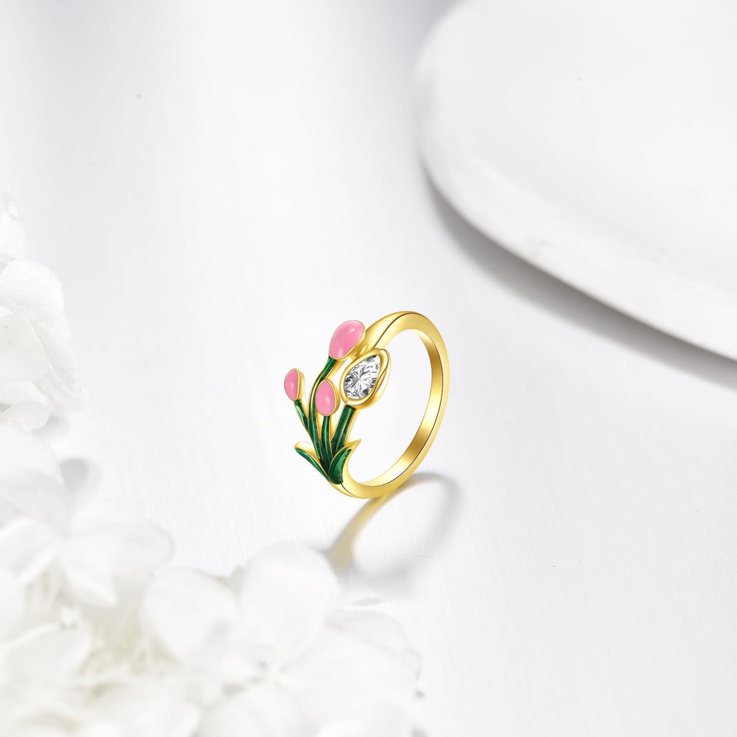 POPLYKE Tulips Flower Ring Sterling Silver Boho Adjustable Open Ring Spoon Ring Vintage Thumb Rings for Women