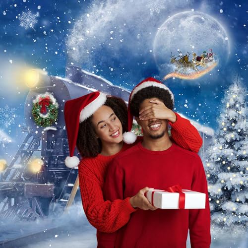 Avezano Christmas Train Backdrop Snow Night Christmas Themed Party Backdrop Moon Santa Claus Railway Photography Background Xmas Day Party Banner Decoration (6x4ft, 71x47inch) - size: 6x4ft, 71x47inch
