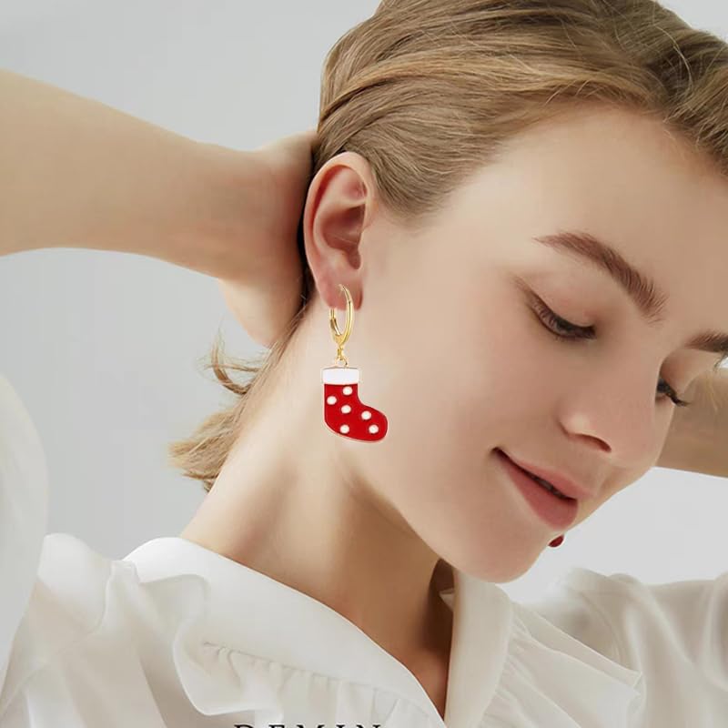 16 Pairs Christmas Reindeer Santa Hoop Earrings for Women Unique Winter Xmas Tree Snowflake Bow Bell Snowman Penguin Earrings Christmas New Year Jewelry Gifts - style: Hat