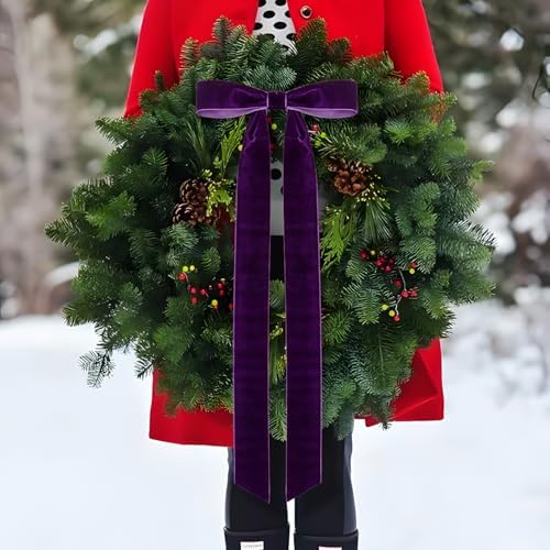 Velvet Bows for Christmas Tree Pack of 4 Large Rustic Crafts Gift Wreath Bow Ornaments for Xmas Topper Staircase Home Wedding Outdoor Interior Decor, 2" Width, 23 x 8.7 Inch (4, Purple)
