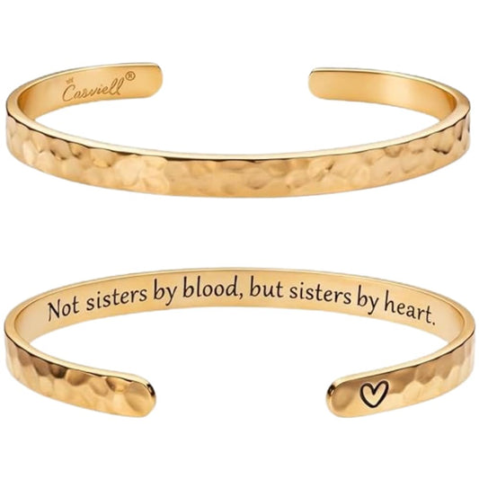 Carviell Gold Friendship Bracelet – “Not Sisters by Blood but Sisters by Heart” Engraved Cuff, Best Friend Jewelry Gift for Women & Teens, BFF Bracelet, Inspirational Stainless Steel Bangle