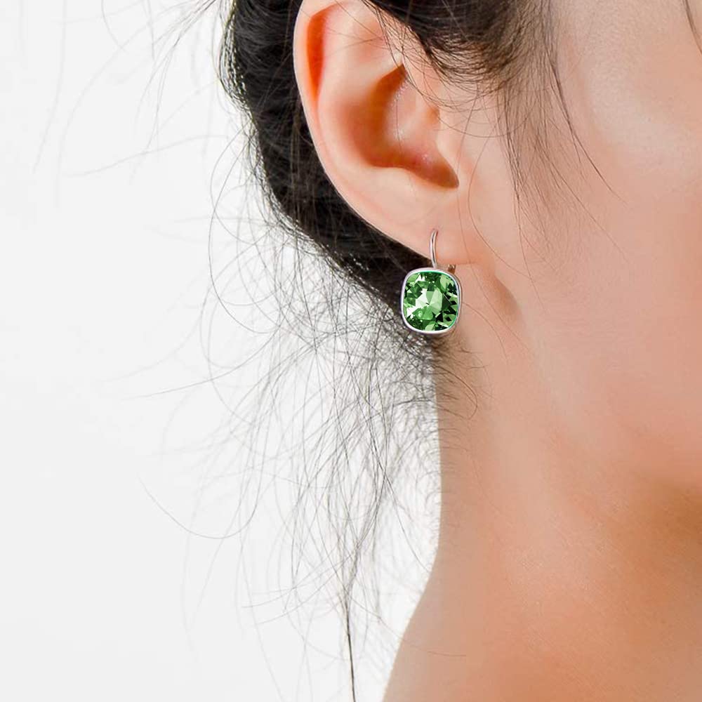 AOBOCO Sterling Silver Leverback Earrings, Green Crystal, 0.90 in x 0.55 in, 3.2 g