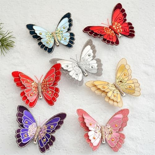 LEBETE Pack of 3 Double Layer Butterfly Christmas Tree Clips Accessory Elegant Fabric Ornaments for Holiday Decorations
