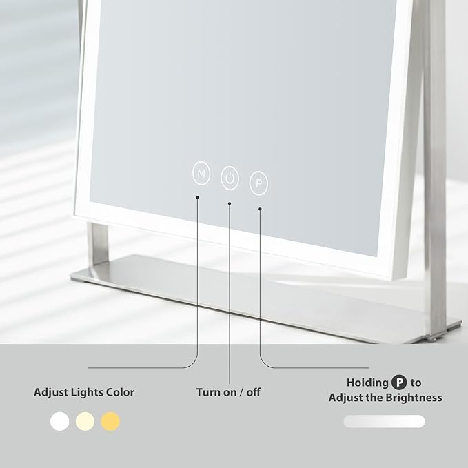 Rechargeable Vanity Mirror with Lights, Table Mirror with Stand, Makeup Mirror with 3 Colors and Brightness Adjustable, 3000mAh Battery, 14×10 Inch