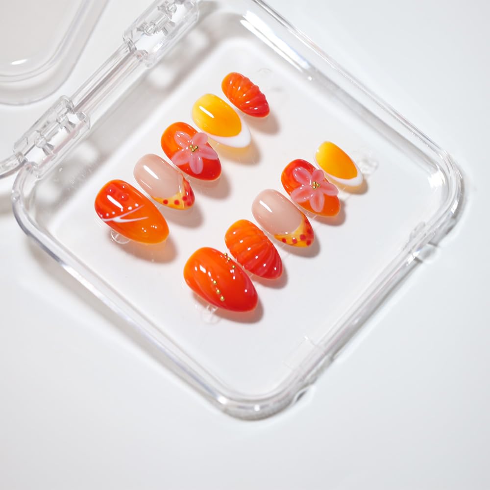 10 Short Almond Handmade Press On Nails | 3D Floral Gradient Color with Cute Starfish & Seashell,New styles for Autumn & Winter | Skip Salon Trips, Easy to Apply & Remove, Reusable(25106, XS)