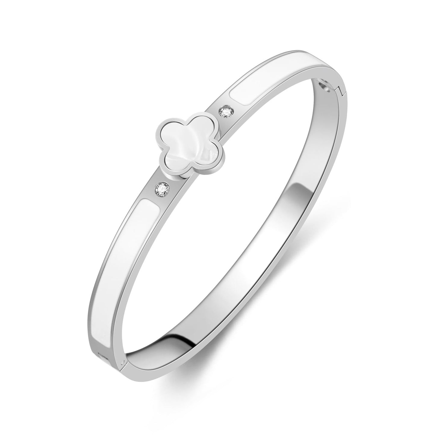 KYJAC 18k Gold Plated Stainless Steel Four Leaf Clover Bracelet for Women - Non-Tarnish, Precision Polished Chunky Oval Bangle in Black, White, Pink, Red Clover Bangle(Silver White Bangle)