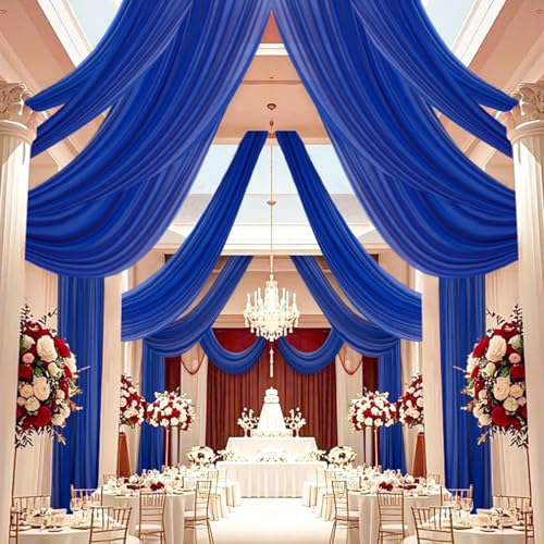 DUOBAO Royal Blue 5x20ft Chiffon Drapes 4pc Elegant Sheer Wedding Backdrop Curtains Chiffon Ceiling Drapes for Tent, Banquet Hall, and Photography - color: Royal Blue, size: 60"W x 240"L (Pack of 4)