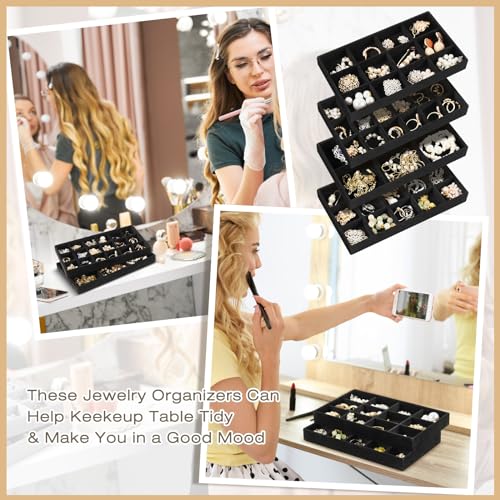 Junkin 12 Pcs Jewelry Tray Velvet Stackable Jewelry Organizer Trays Divided Earring Accessories Storage Containers Box (Rose Red) - color: Black