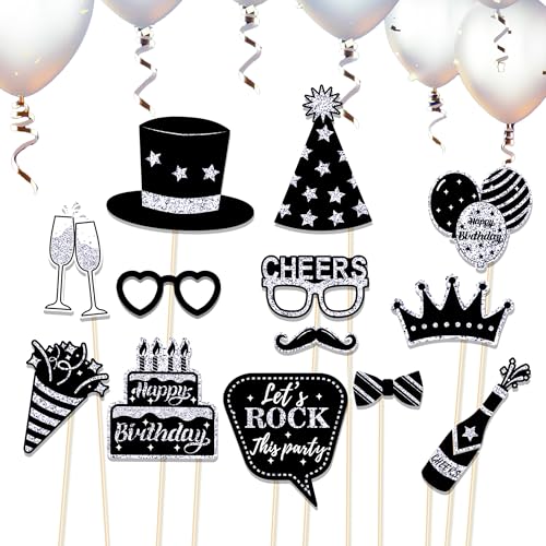 36Pcs Silver Birthday Photo Booth Props, Glitter Silver Party Decorations, Letter Print Card Material