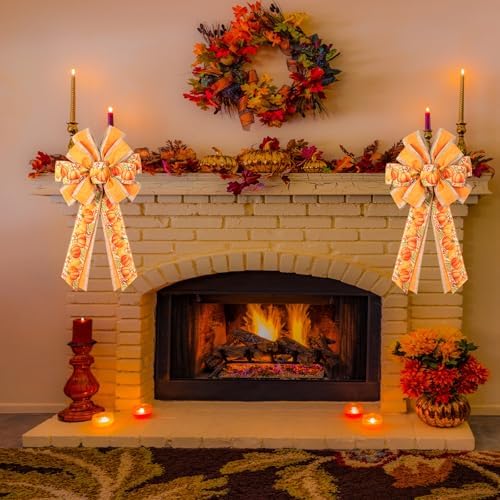 2 PCS Large Fall Bows for Wreath Fall Wreath Bow Autumn Tree Topper Bow