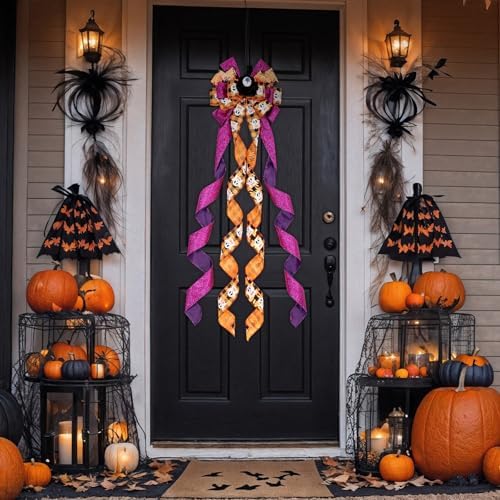 Riceshoot Extra Long Halloween Tree Topper Large Scary Bow, 13 x 53 Inch