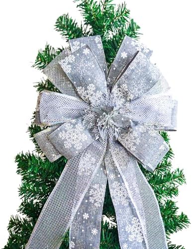 Voeveca Christmas Tree Topper Bow, 53X13 Inch Silver Xmas Tree Flower Topper Decor, for Family, Wedding, Indoor Outdoor Thanksgiving Christmas Decoration (Silver)