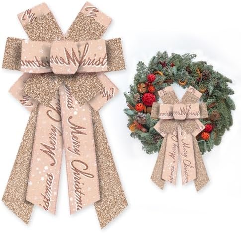 Large Merry Christmas Bow for Wreath, Glitter Rose Gold Wreath Bow for Christmas D??cor Winter Bow for Front Door Indoor Outdoor Wall Tree Topper Decoration Supplies Xmas Hanging Ornament