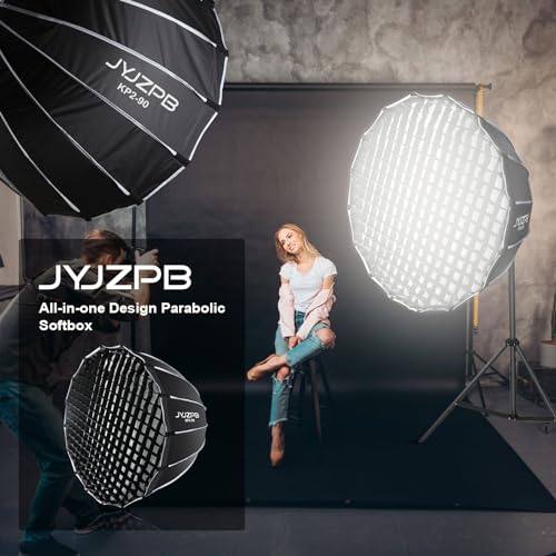 JYJZPB 35.4"/90cm Parabolic Softbox 16 Umbrella Bones with Diffusers/Honeycomb Grid/Bag Quick Release Softbox Bowens Mount Compatible for Professional Photography Studio Speedlight, COB Lights