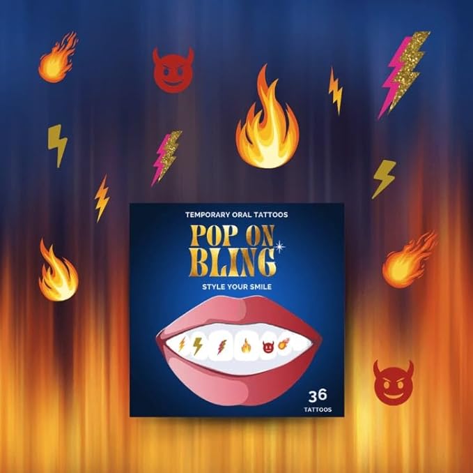 Halloween Tooth Bling Tattoo – Temporary Tooth Gem Kit for Teeth – Safe for Teens & Adults, Removable Fun Fake Tooth Tattoo Stickers for Halloween Costume, Party & Cosplay (Lightning Fire)