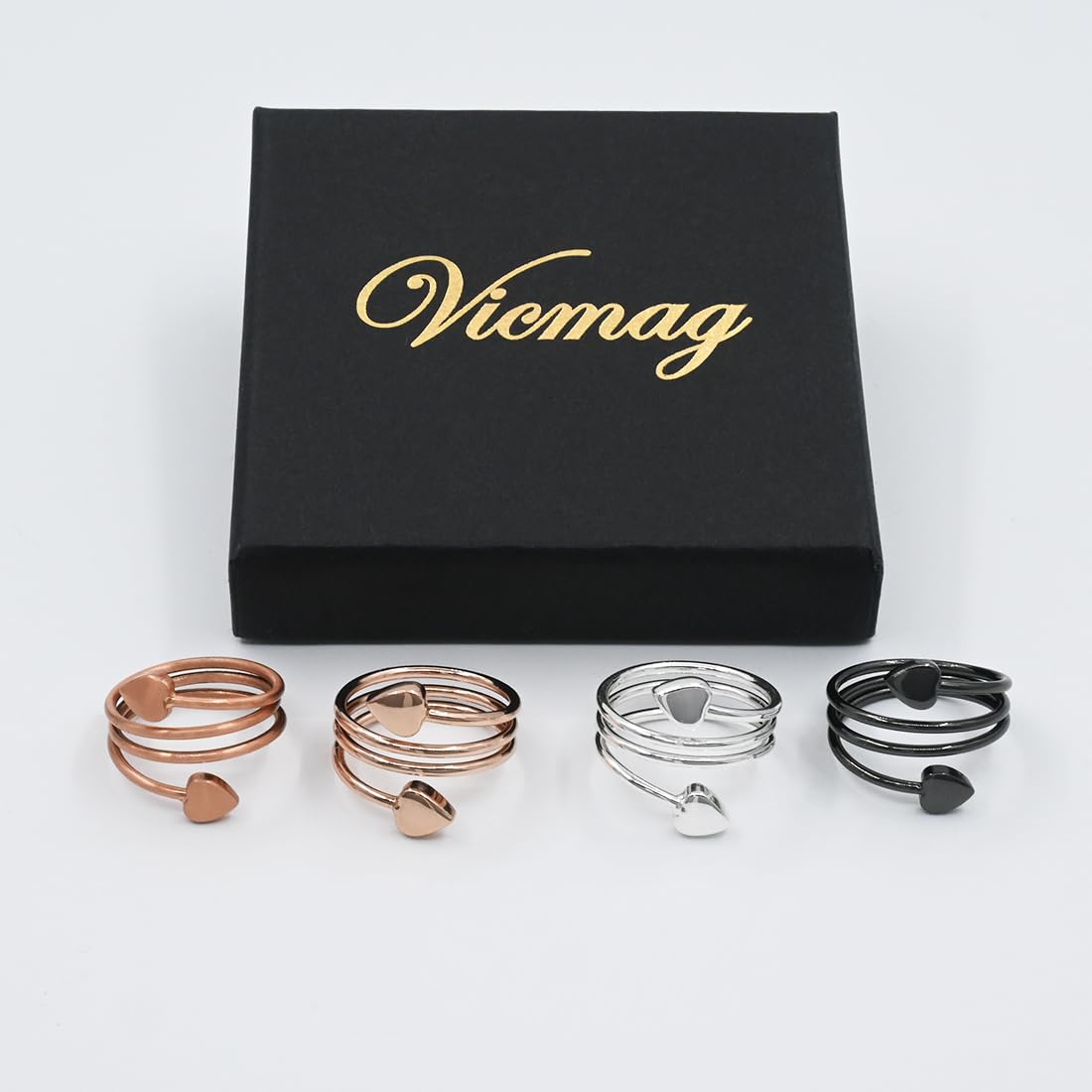 Vicmag Copper Magnetic Ring for Women, Magnetic Rings Ladies Fingers Thumb 100% Solid Pure Copper Jewelry Gift Adjustable(4PCS Rose Gold+Silver+Black)