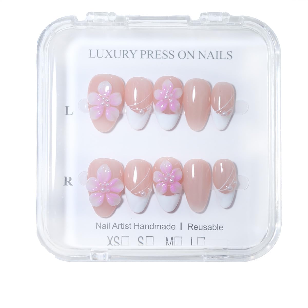 10Pcs Short Almond Handmade Press On Nails | Easy Apply & Remove, Reusable Salon Quality Nails | Elegant Nude Pink Fake Nails with 3D Floral & Pearl Accents (RR11, XS)