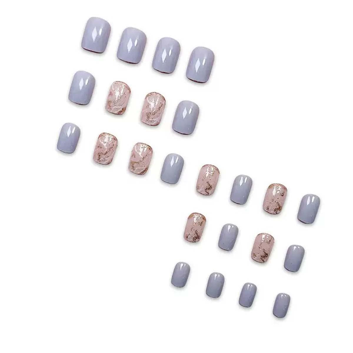 Square Press On Nails Short Fake Nails Marbling With Glitter Design Blue False Nails Full Cover Acrylic Glossy Glue On Nail Cute Stick On Nail For Women Manicure Art 24pcs