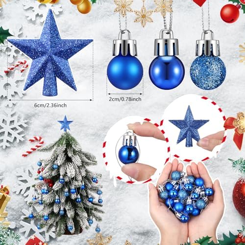 RoundFunny 25 Pcs Mini Christmas Balls Ornaments Set 0.79 Inch Christmas Day Ball Topper Star Tree Hanging Ornaments for Party Decoration(Blue)