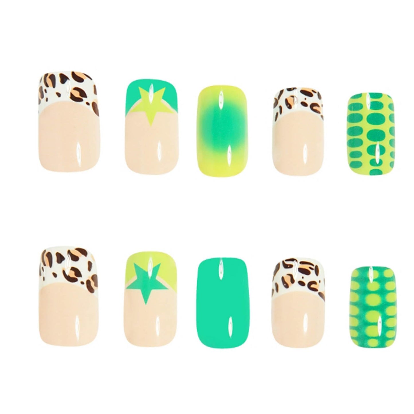 YoYoee 24-Piece Short Square Press on Nails - French Green False Nails | Leopard Print Fake Nails for Women Elegant & Durable Artificial Nails for Instant Manicure