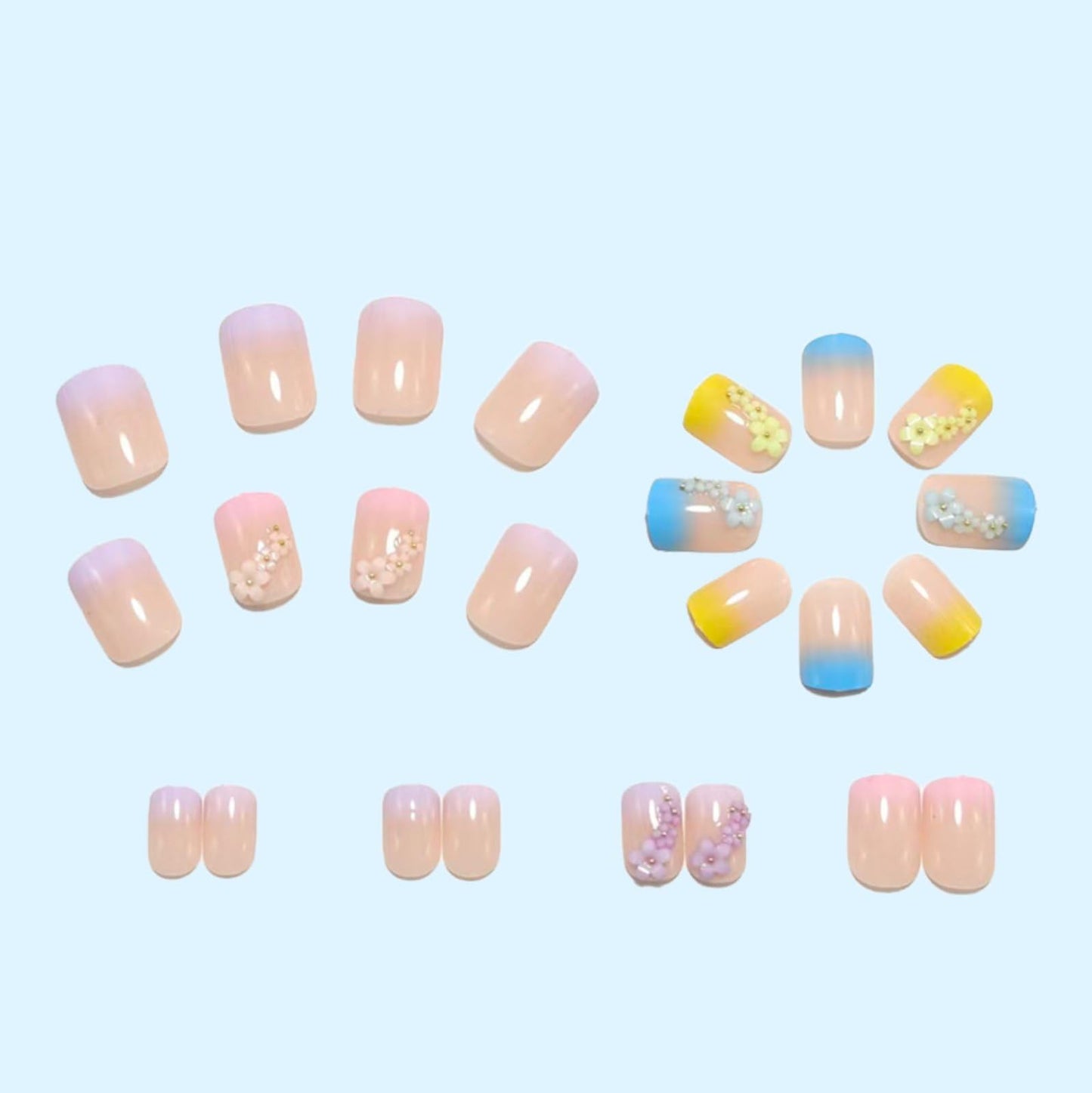 Flower Press on Nails Short Square Fake Nails Spring False Nails with Flowers Charms Design Gradient Colorful Artificial Nails Full Cover Glossy Summer Floral Stick on Nails for Women DIY Manicure