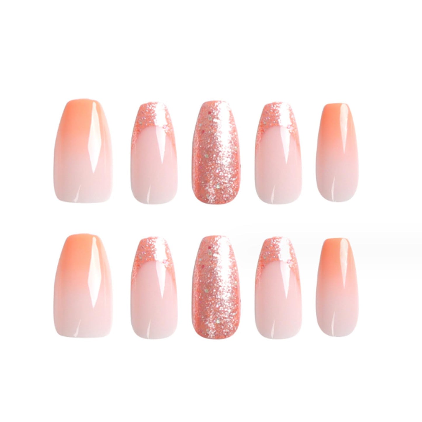 DANMANR Press on Nails Sequins False Nails Art Full Cover Acrylic Coffin Orange Medium Fake Nails for Women and Girls 24PCS