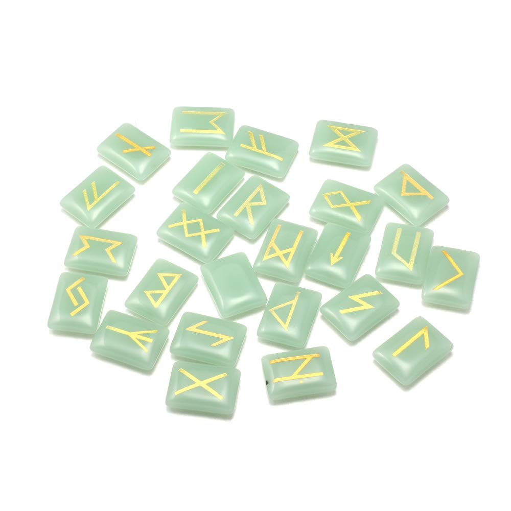Zotoone Rune Stones Set with Engraved Elder Futhark Alphabet Natural Runes Stones Crystal Meditation Divination Healing Chakra Reiki Green Aventurine (1 Flax Cloth Bag)