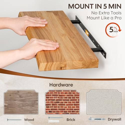 Live Edge Floating Shelf 55 Inch Extra Long | Solid Rustic Elm Wood with Invisible Brackets | Wall Mounted Shelf for Living Room, Kitchen, Bathroom | Natural - color: Clear Natural, size: 55"L, 1-Pack