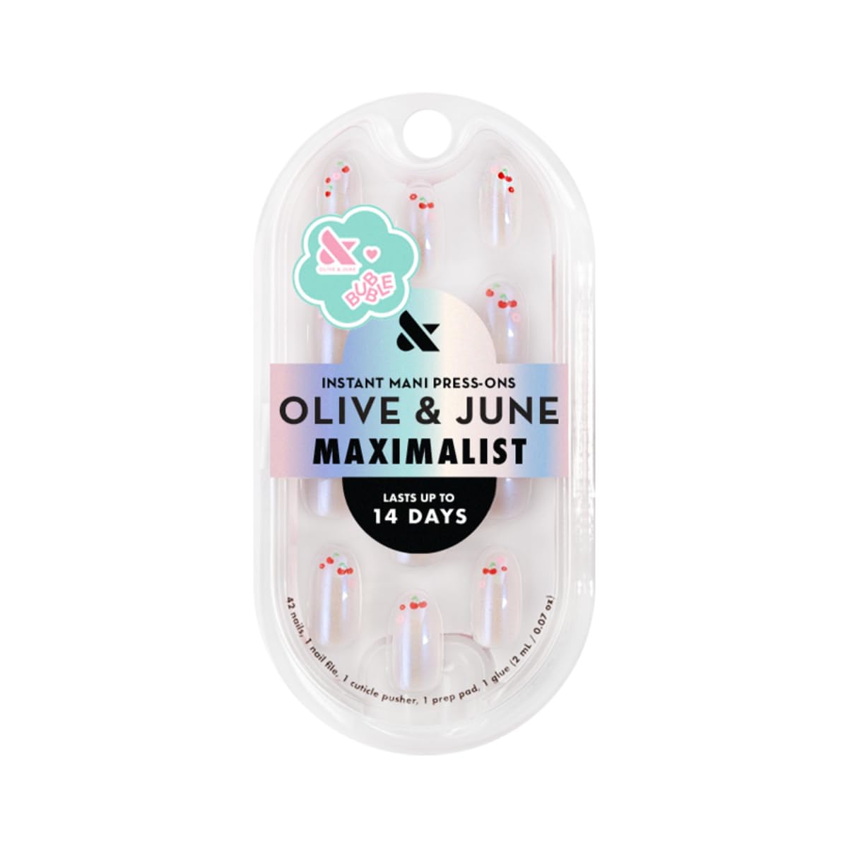 Olive & June Maximalist Instant Mani Press-On Nails (Glue) | 42 Fake Nails, 21 Sizes | Non-Toxic, Long-Lasting Big, Bold Gorgeous Realistic Look | Medium, Oval | Cherry Floral Chrome French