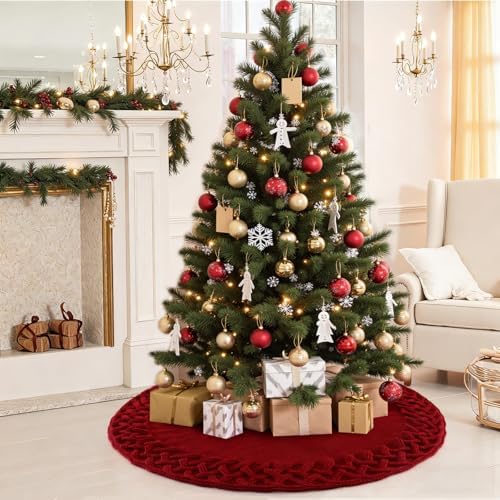 TOCHGREEN Red Knitted Christmas Tree Skirt 36 inches Chunky Cable Knit Thick Rustic Christmas Tree Mat Farmhouse Decor Xmas Tree Base Cover for Home Holiday New Year Party Decor (Red, 36inch)